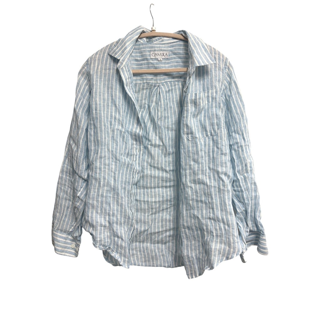 Camixa Button Up Blue Coastal Striped Linen Long Sleeve Shirt S